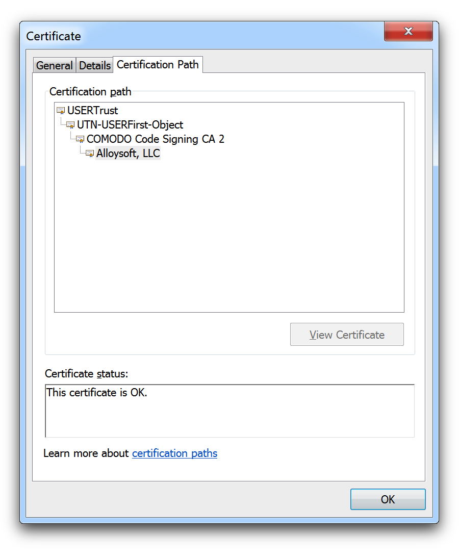 Certificate Chain for K Software Code Signing Certificate